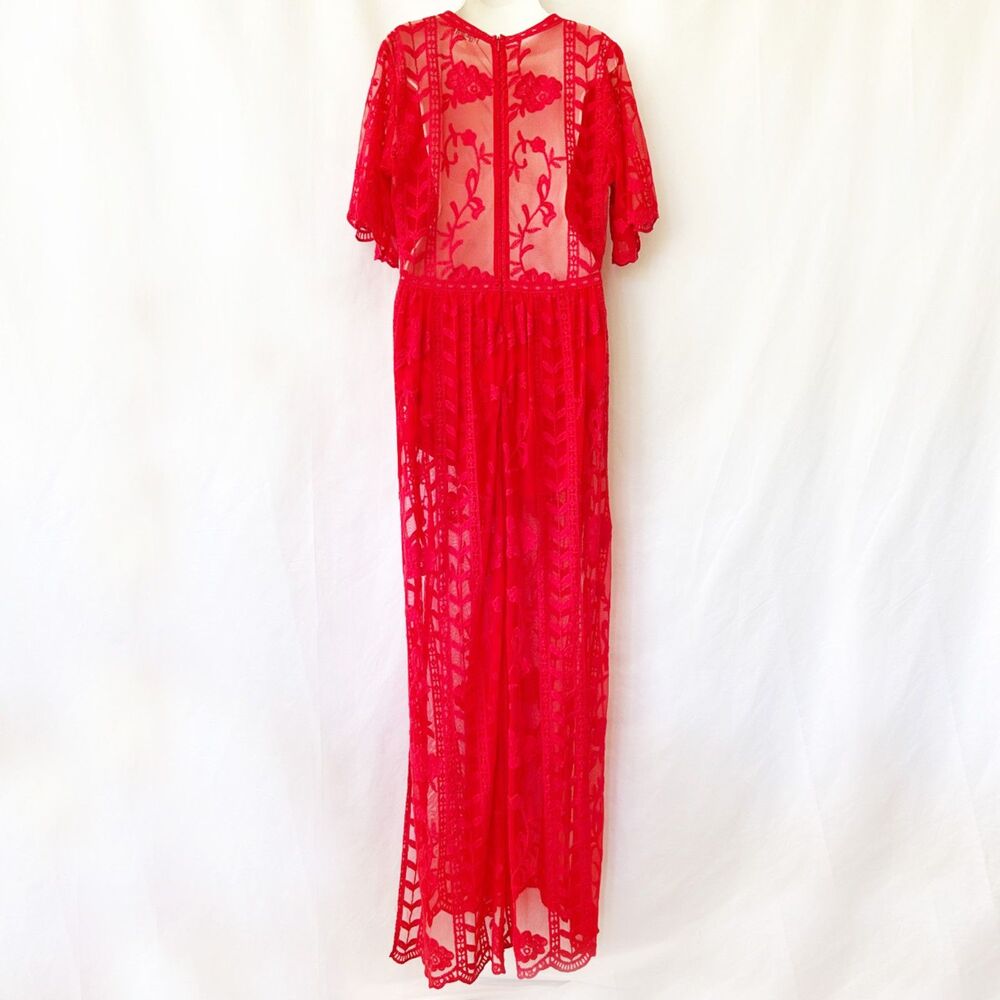 Socialite Red Sheer Lace Maxi Dress Romper Shorts (XL) Garden Wedding Party - Picture 7 of 15